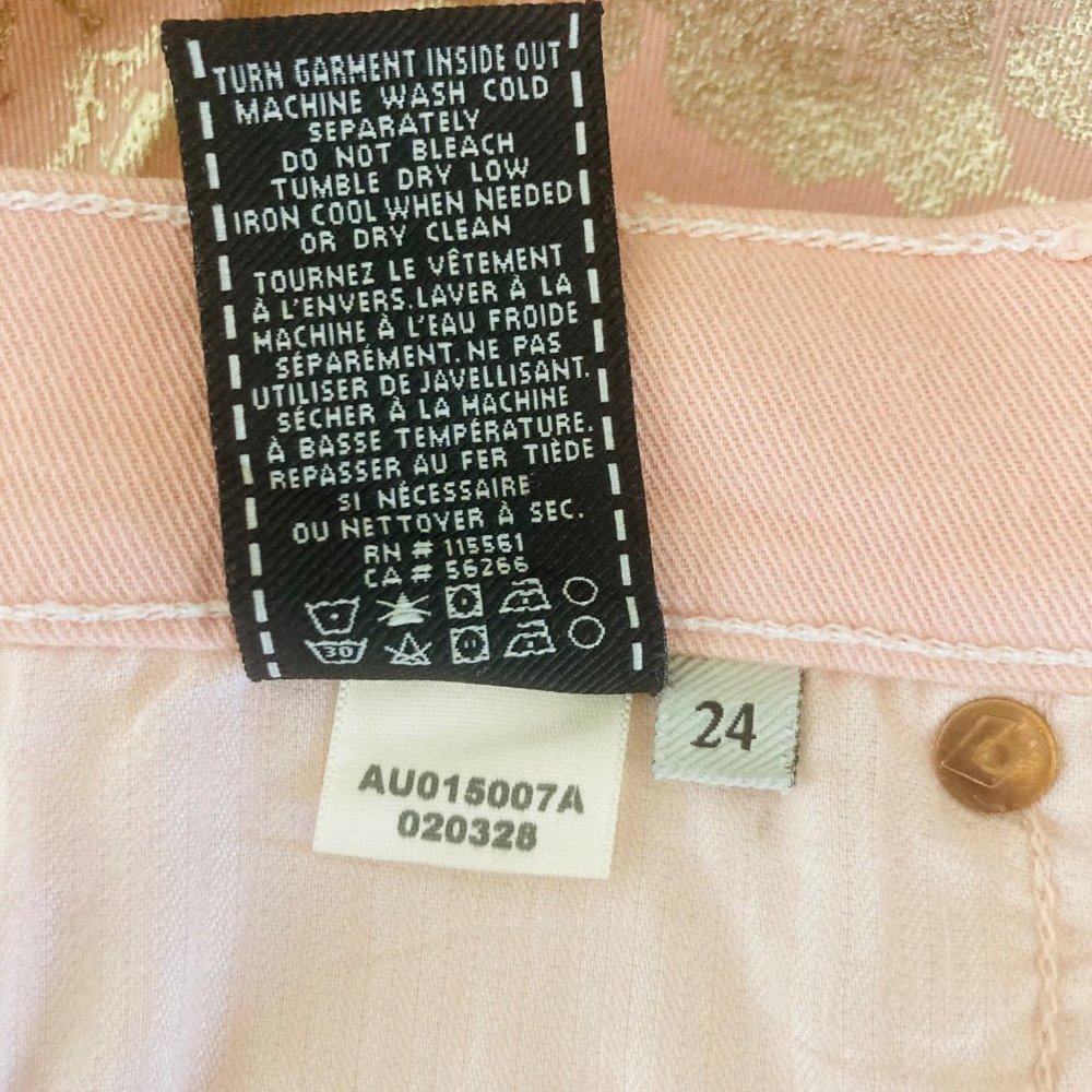 Jeans 7For All Mankind Pink Gold Leopard Print Jeans Low Rise 24 Waist SkinnyLeg - Picture 8 of 8